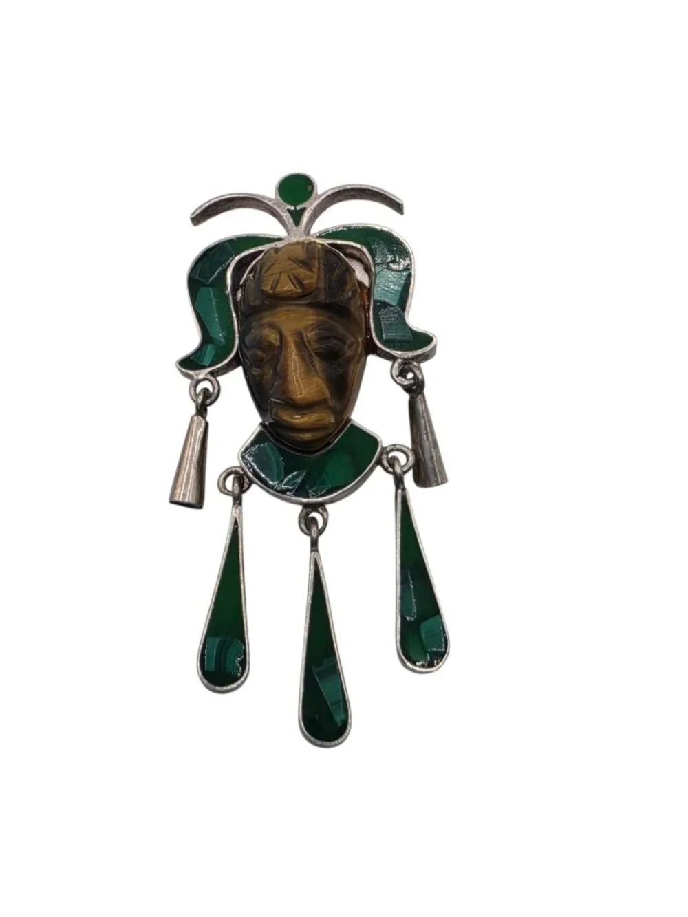 Vintage Taxco Mexico 925 Sterling Silver Malachite Tiger Eye Mask Brooch Pin